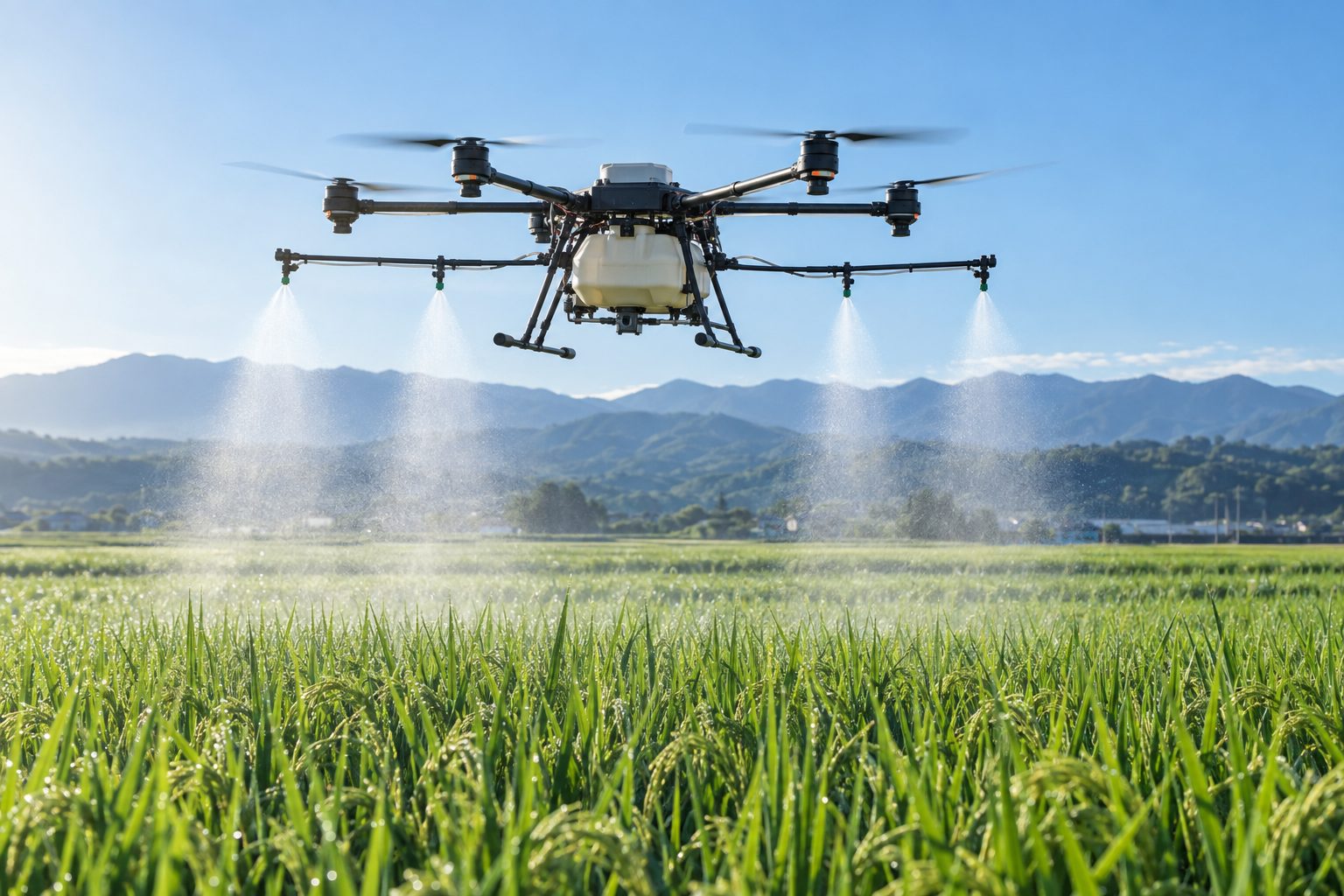 青空の下、水田へ薬剤を散布しながら飛行する農業ドローン