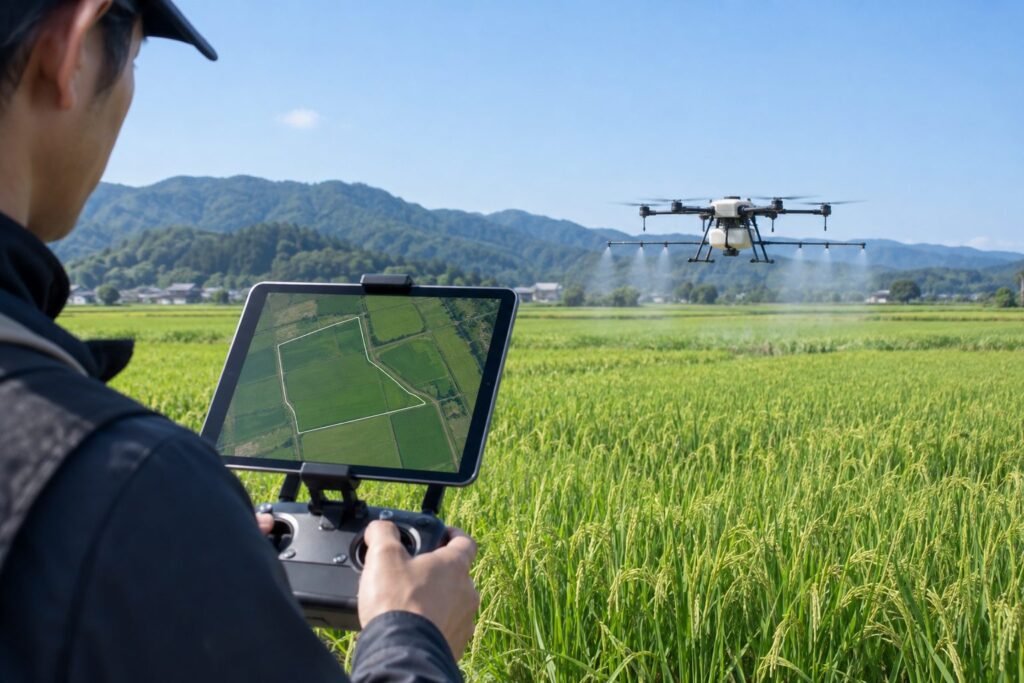 タブレットで飛行経路を確認しながら水田へ散布する農業ドローン