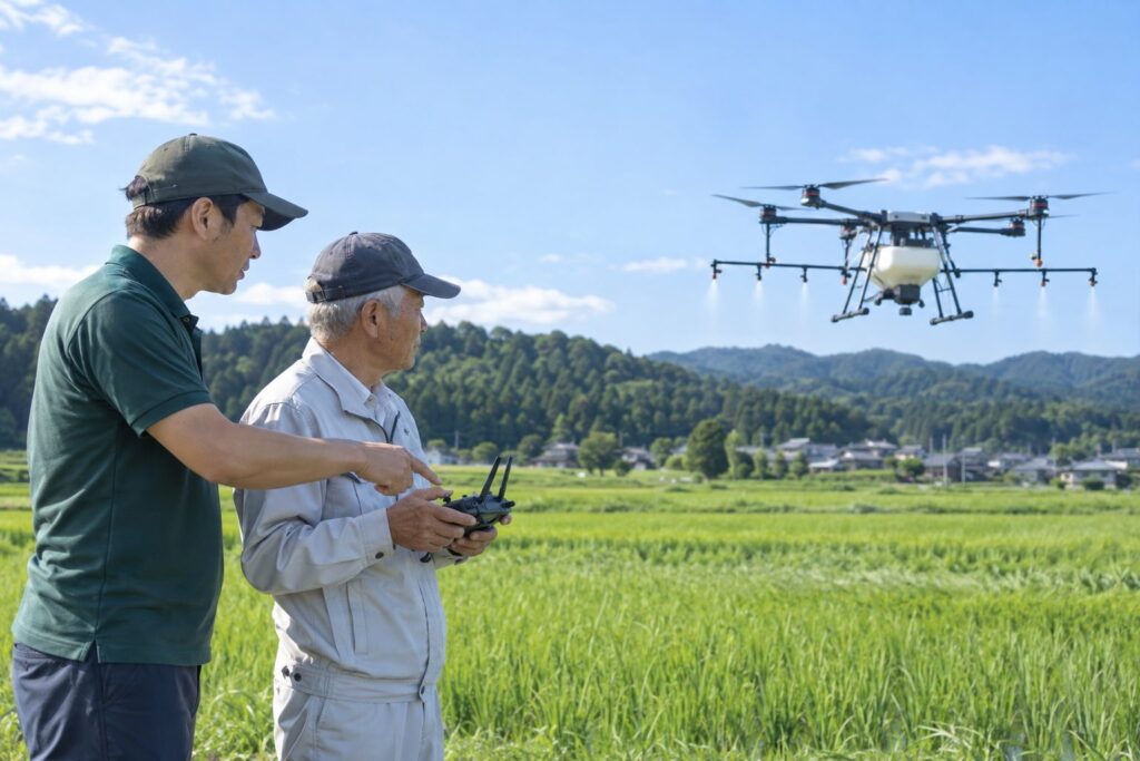 水田で講師の指導を受けながら農業ドローンを操縦する受講者