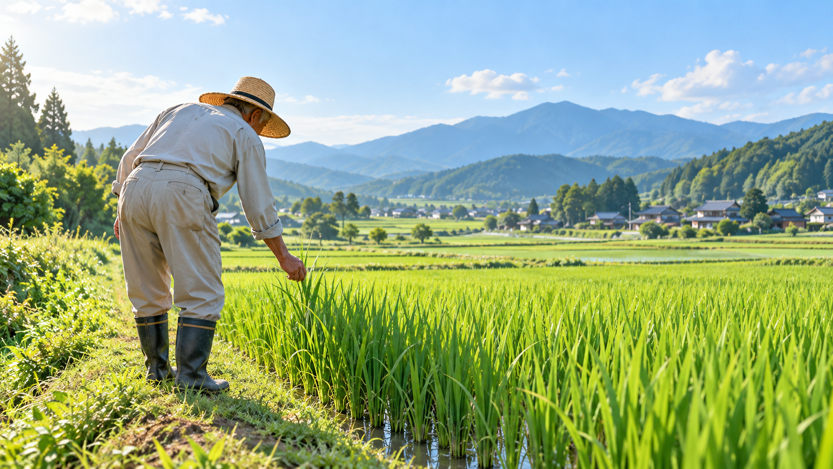 田んぼの畦で稲の育ちを確かめる年配の農業従事者を描いたAI生成イメージ